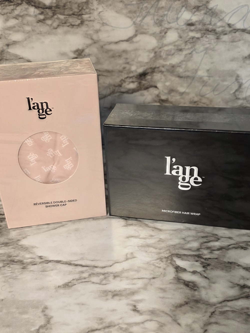 Lange Pink Reversible Double-Sided Shower Cap & Black Microfiber Hair Wrap Set.
